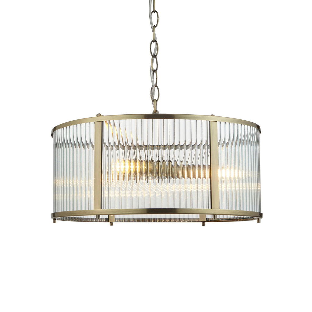 Endon Lighting 106282 - Endon Lighting 106282 Ridgeton Indoor Pendant Light Antique brass plate & clear ribbed glass Dimmable