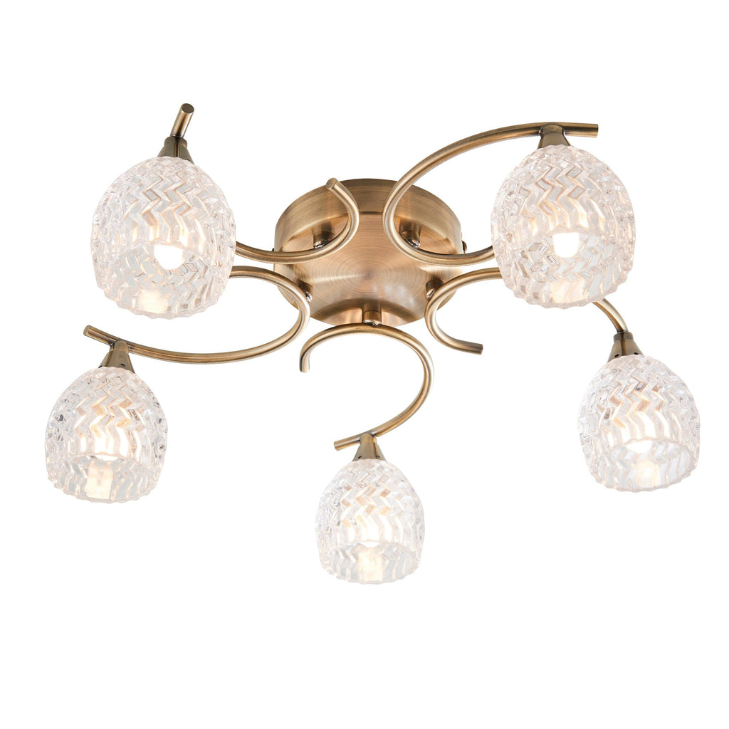 Endon Lighting BOYER-5AB - Endon Lighting BOYER-5AB Boyer Indoor Semi flush Light Antique brass plate & clear glass Dimmable