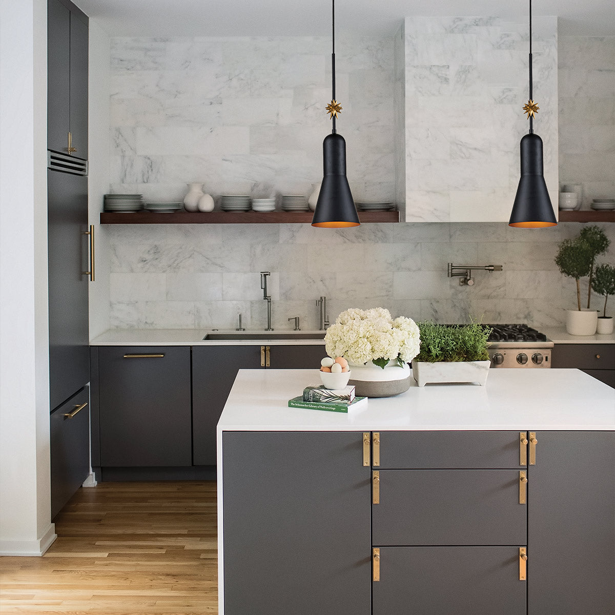 Elstead Lighting Pendant from the Etoile range. Etoile 1lt Medium Pendant - Matte Black and Gold Leaf Product Code = ETOILE-P-M-MB