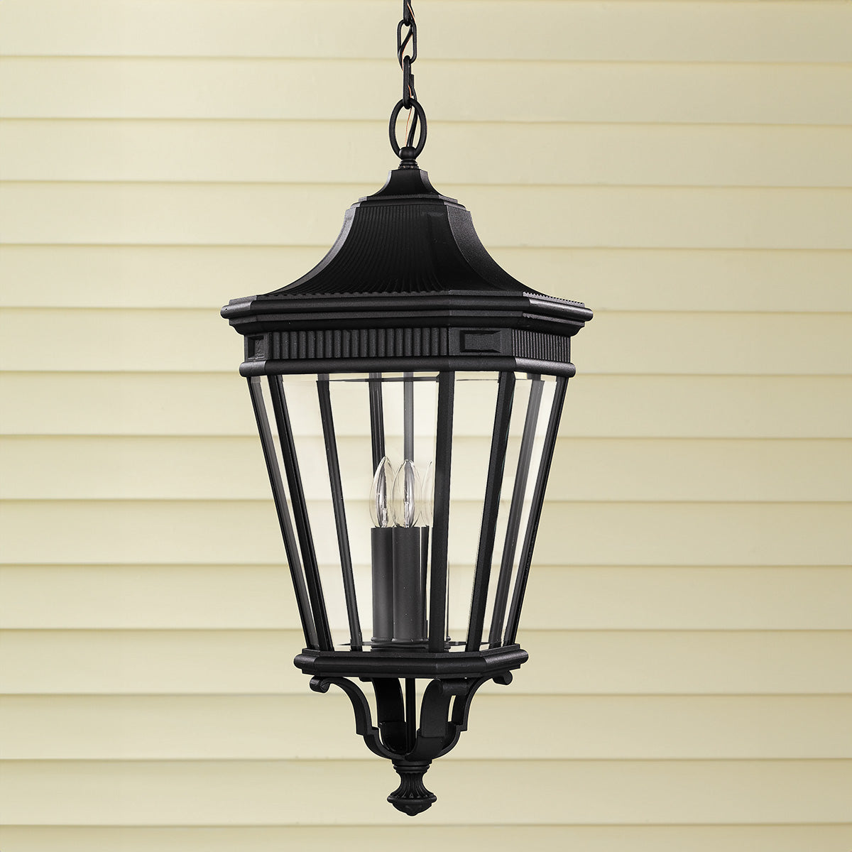 Feiss Outdoor Hanging from the Cotswold Lane range. Cotswold Lane 3 Light Large Chain Lantern Product Code = FE-COTSLN8-L-BK