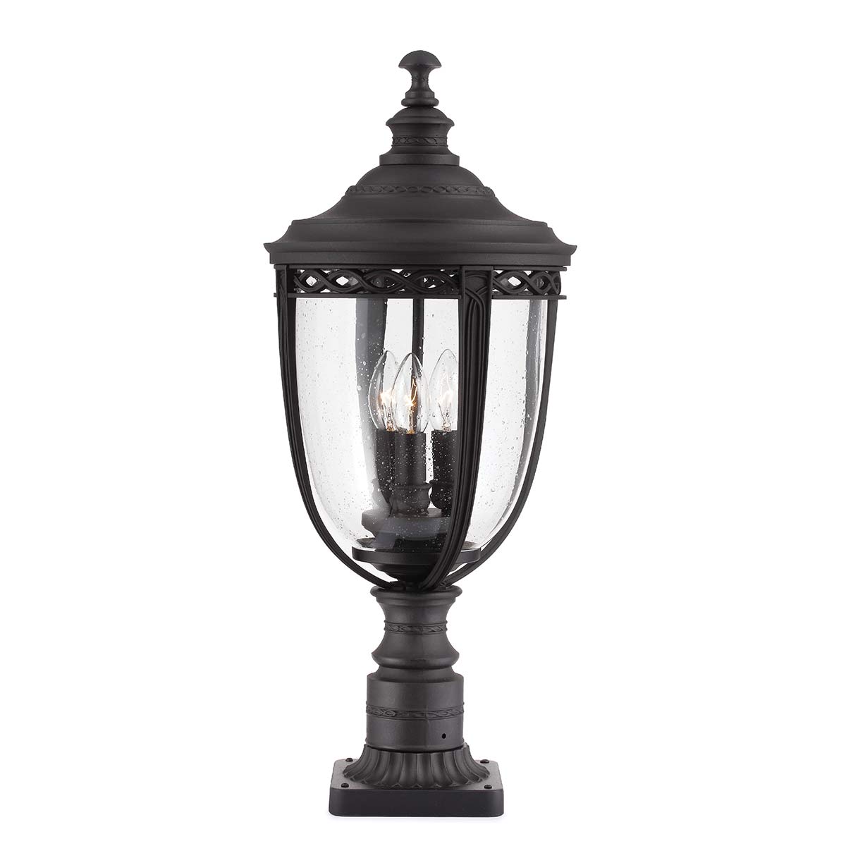 Feiss Pedestal Lantern from the English Bridle range. English Bridle 3 Light Large Pedestal Product Code = FE-EB3-L-BLK