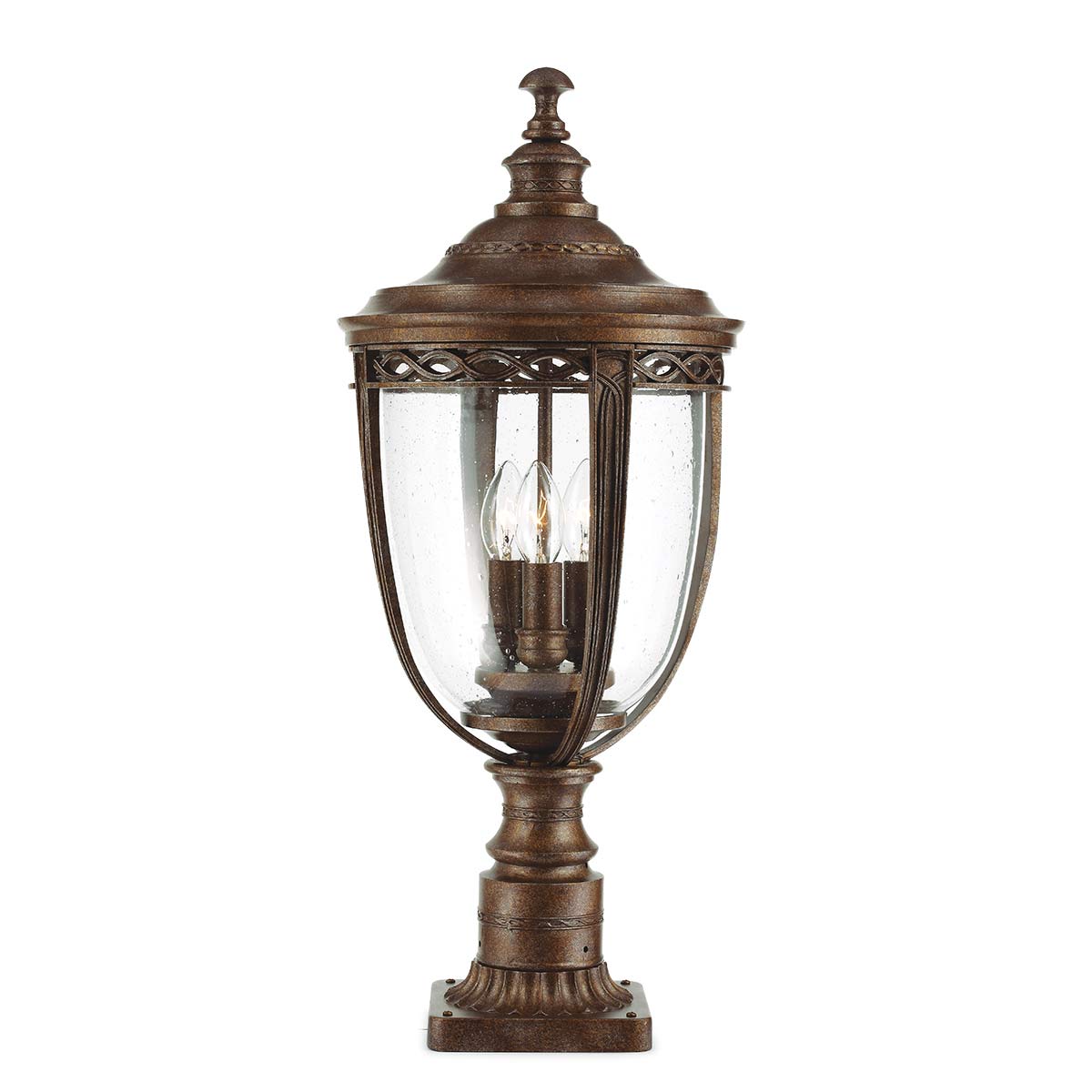Feiss Pedestal Lantern from the English Bridle range. English Bridle 3 Light Large Pedestal Product Code = FE-EB3-L-BRB