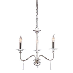 Elstead Lighting Chandelier from the Finsbury Park range. Finsbury Park 3 Light Chandelier Product Code = FP3-POL-NICKEL