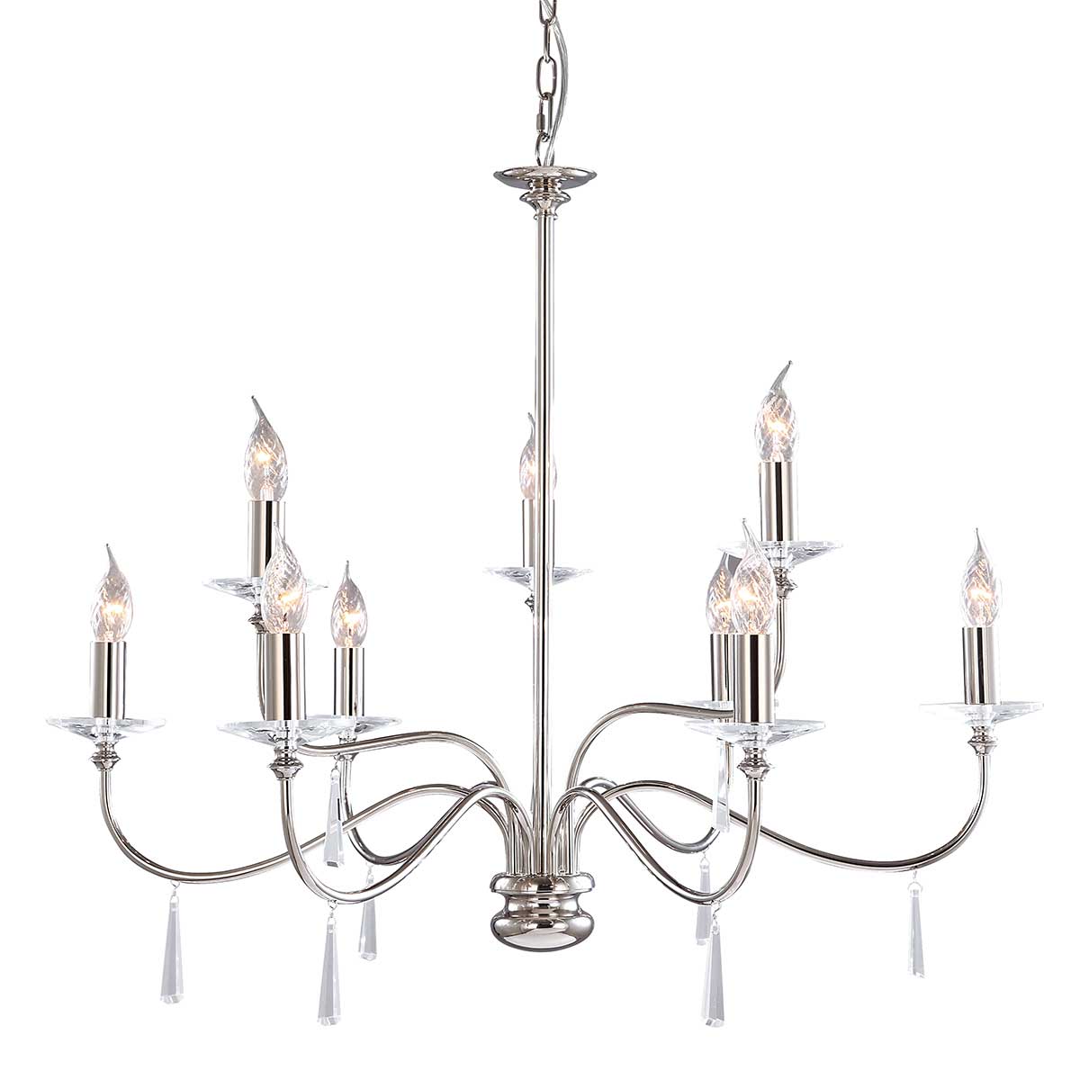 Elstead Lighting Chandelier from the Finsbury Park range. Finsbury Park 9 Light Chandelier Product Code = FP9-POL-NICKEL