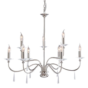 Elstead Lighting Chandelier from the Finsbury Park range. Finsbury Park 9 Light Chandelier Product Code = FP9-POL-NICKEL