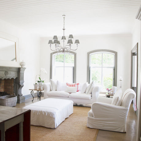 Elstead Lighting Chandelier from the Finsbury Park range. Finsbury Park 9 Light Chandelier Product Code = FP9-POL-NICKEL