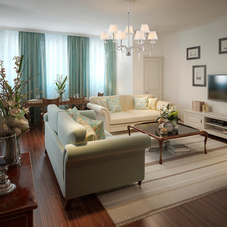 Elstead Lighting Chandelier from the Finsbury Park range. Finsbury Park 9 Light Chandelier Product Code = FP9-POL-NICKEL