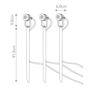 Garden Zone Spot Lights from the Spennymoor range. Spennymoor Starter kit including 3 x 12V Spotlights, 3 x Poles, 6m cable & 12V Transformer Product Code = GZCC-SPENNYMOOR-3P