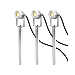 Garden Zone Spot Lights from the Spennymoor range. Spennymoor Starter kit including 3 x 12V Spotlights, 3 x Spikes, 6m cable & 12V Transformer Product Code = GZCC-SPENNYMOOR-3S
