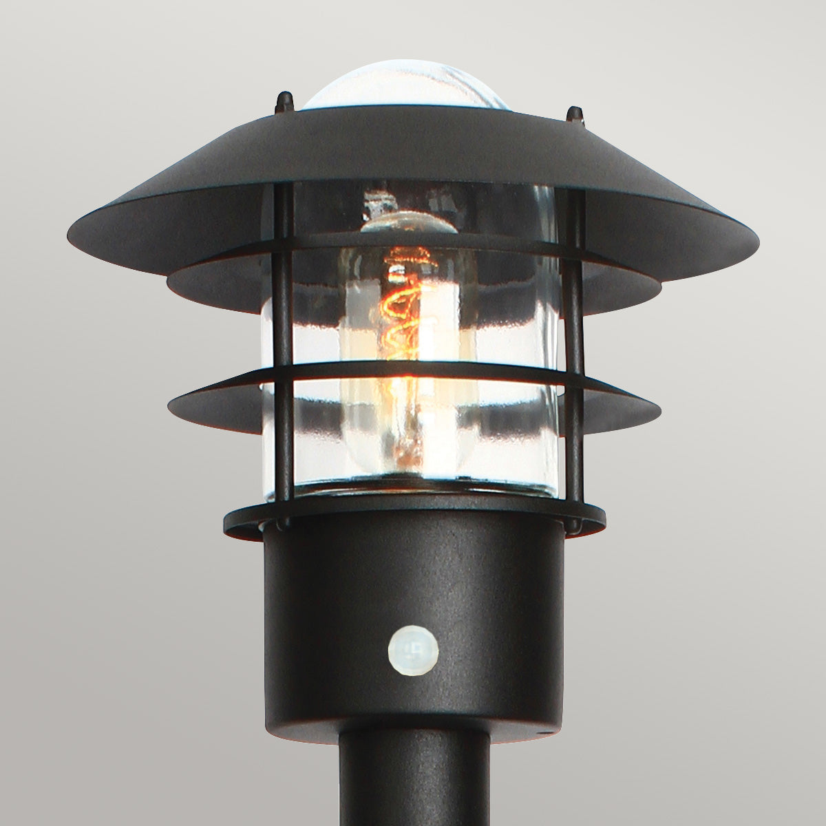 Elstead Lighting Bollard from the Helsingor range. Helsingor 1 Light Bollard Lantern with PIR Product Code = HELSINGOR-PIR-BOL-BK