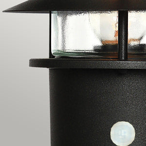 Elstead Lighting Pedestal Lantern from the Helsingor range. Helsingor 1 Light PIR Pedestal Lantern Product Code = HELSINGOR-PIR-PED-BK