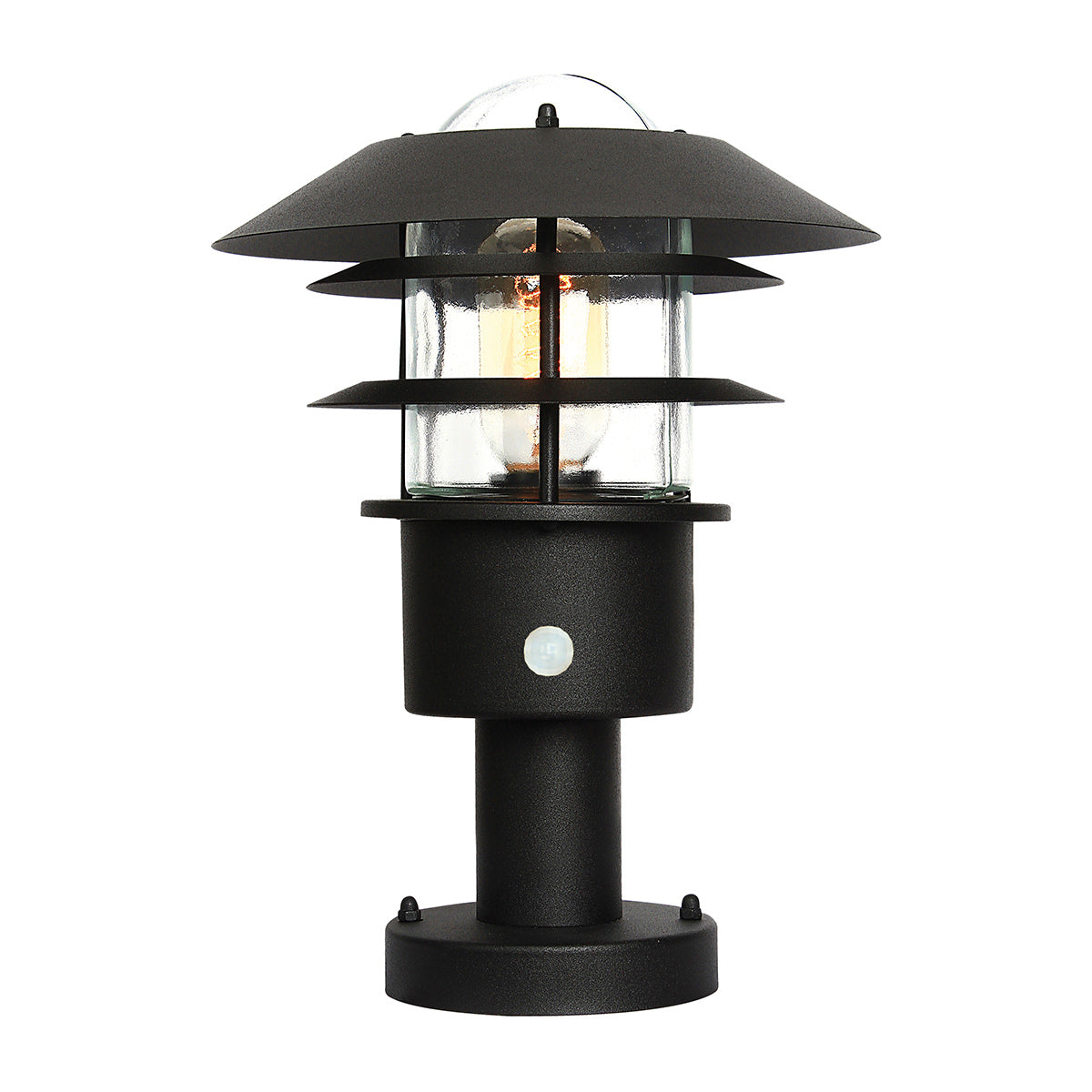 Elstead Lighting Pedestal Lantern from the Helsingor range. Helsingor 1 Light PIR Pedestal Lantern Product Code = HELSINGOR-PIR-PED-BK