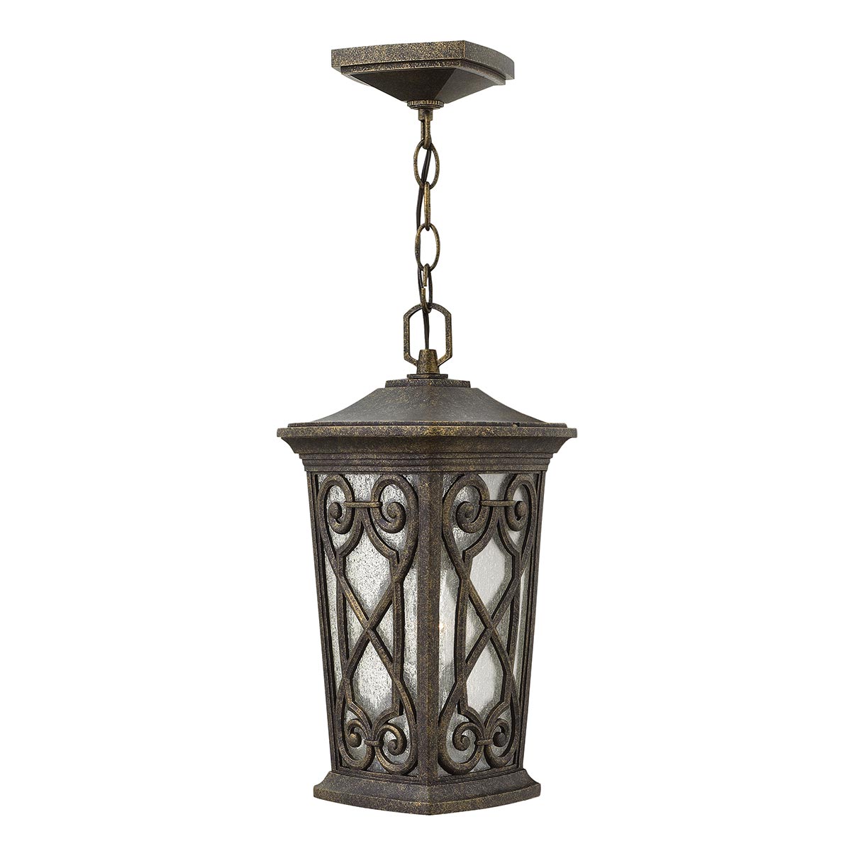 Hinkley Outdoor Hanging from the Enzo range. Enzo 1 Light Small Chain Lantern Product Code = HK-ENZO8-S