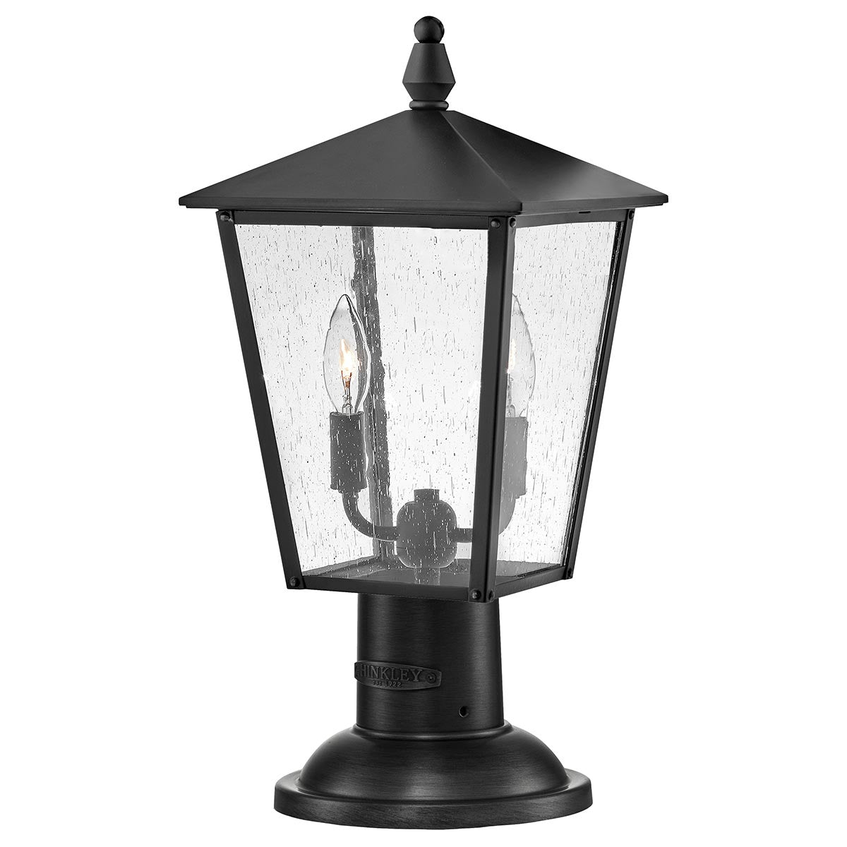 Hinkley Pedestal Lantern from the Huntersfield range. Huntersfield 2 Light Medium Pedestal Lantern Product Code = HK-HUNTERSFIELD3-M-BK