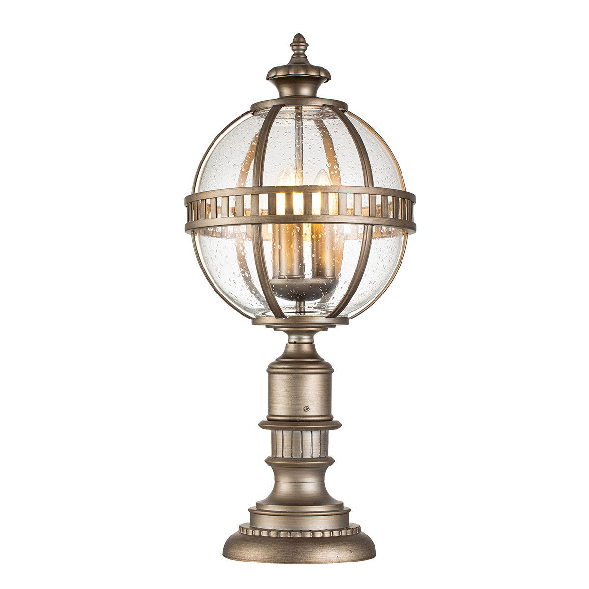 Kichler Pedestal Lantern from the Halleron range. Halleron 3 Light Pedestal Lantern Product Code = KL-HALLERON-3M-BU