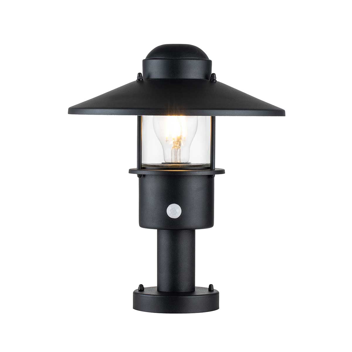 Elstead Lighting Pedestal Lantern from the Klampenborg range. Klampenborg 1 Light Pedestal with PIR Product Code = KLAMPENBORG-PED-PIR-BK