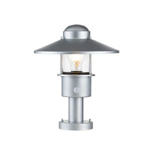Elstead Lighting Pedestal Lantern from the Klampenborg range. Klampenborg 1 Light Pedestal with PIR Product Code = KLAMPENBORG-PED-PIR-SIL