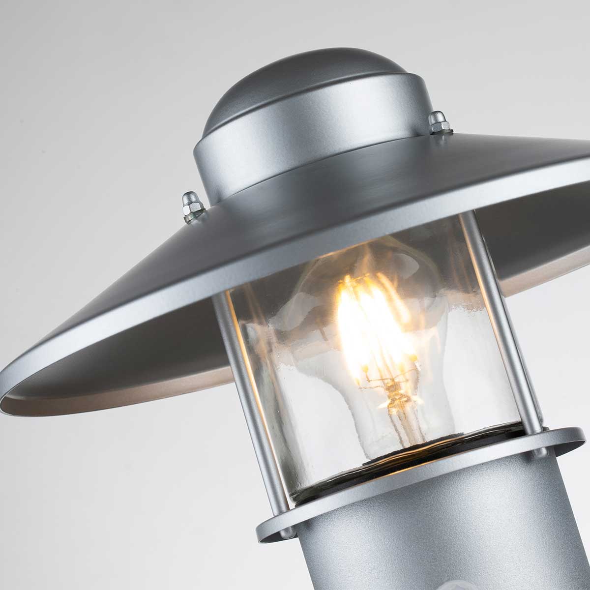 Elstead Lighting Pedestal Lantern from the Klampenborg range. Klampenborg 1 Light Pedestal with PIR Product Code = KLAMPENBORG-PED-PIR-SIL