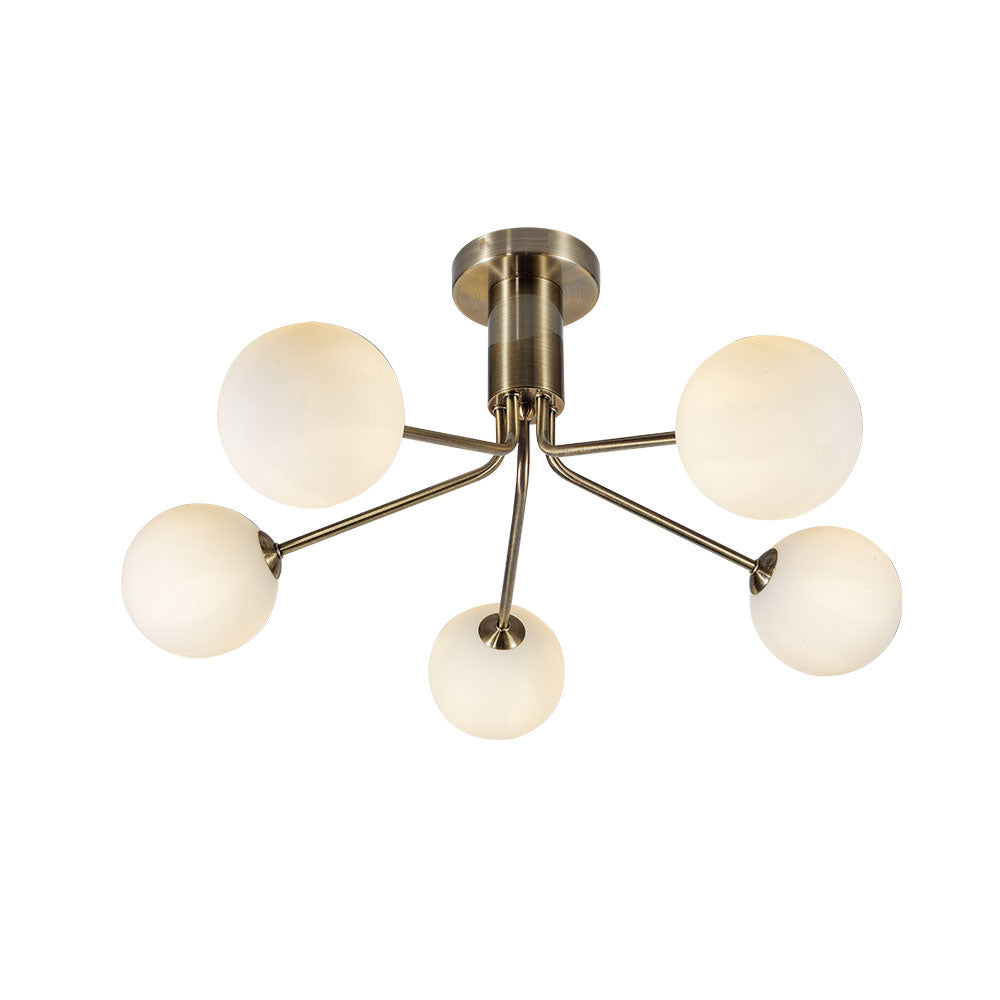 Magnalux Lando 5 Light Semi Flush Antique Brass with Opal Ball Part Number - LAN05AB