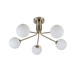 Magnalux Lando 5 Light Semi Flush Antique Brass with Opal Ball Part Number - LAN05AB