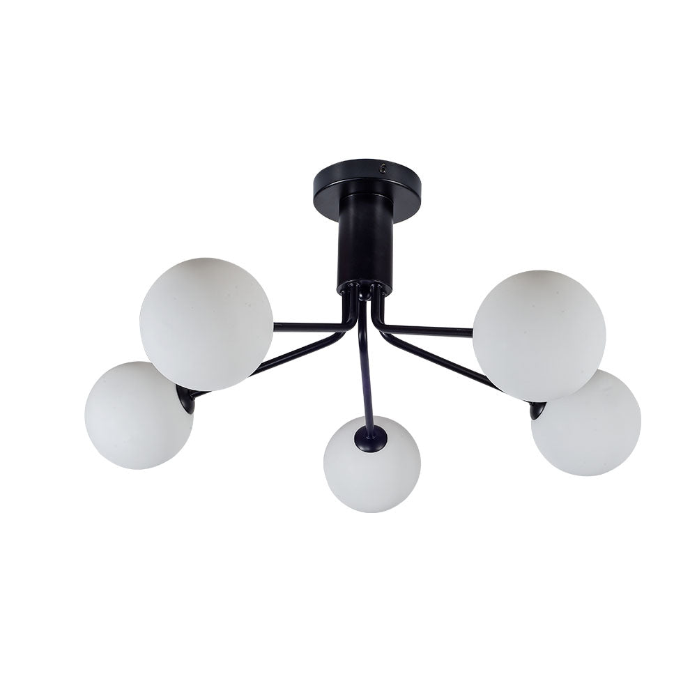 Magnalux Lando 5 Light Semi Flush Matt Black with Opal Ball Part Number - LAN05BL