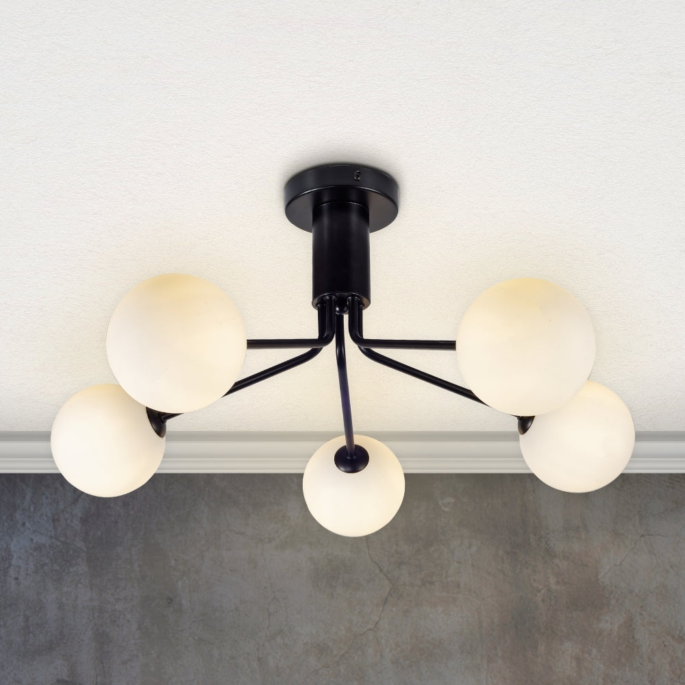 Magnalux Lando 5 Light Semi Flush Matt Black with Opal Ball Part Number - LAN05BL