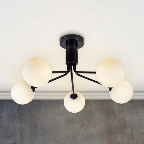 Magnalux Lando 5 Light Semi Flush Matt Black with Opal Ball Part Number - LAN05BL