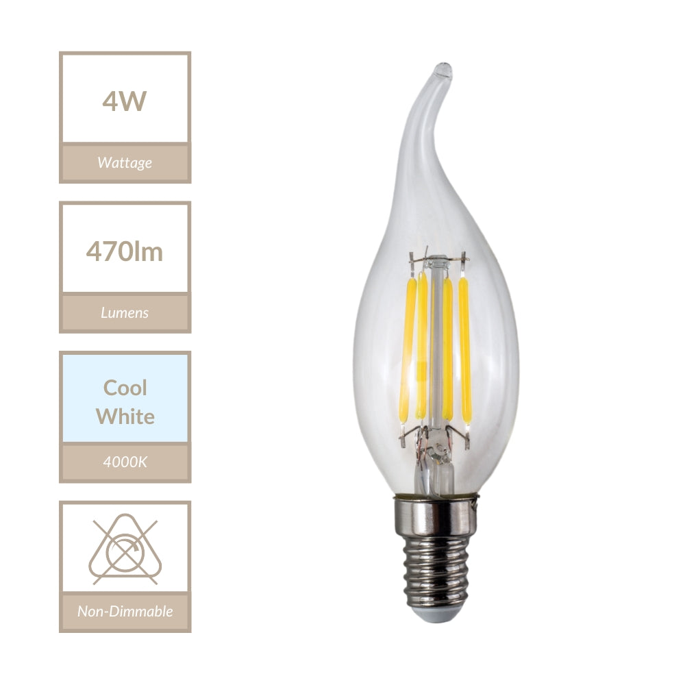Magnalux C35T - E14 Clear Curled Tip Candle (4W) Lamp. Part Number - MLCLT4SES/CW