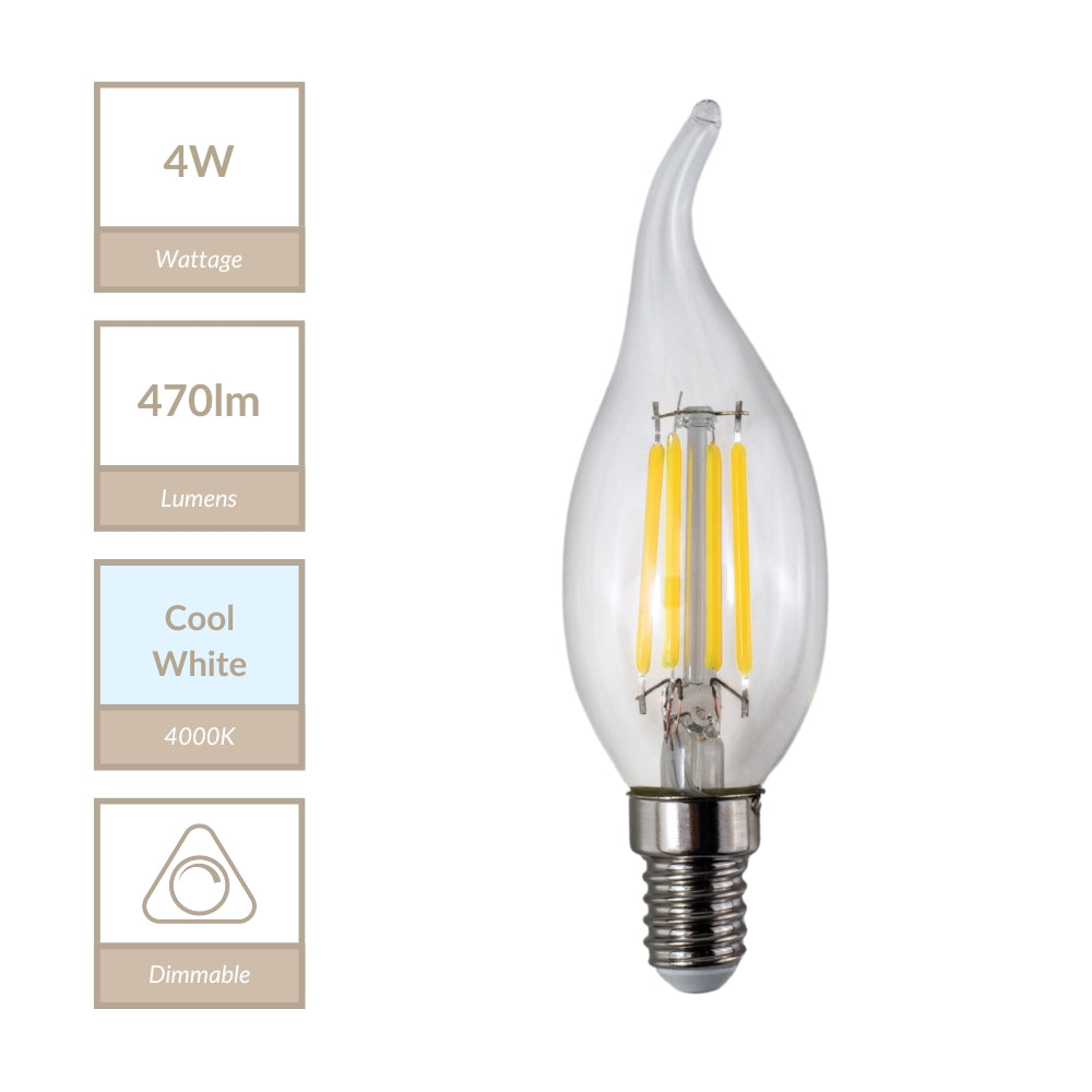 Magnalux C35T - E14 Clear Curled Tip Candle (4W) Lamp. Part Number - MLDCLT4SES/CW