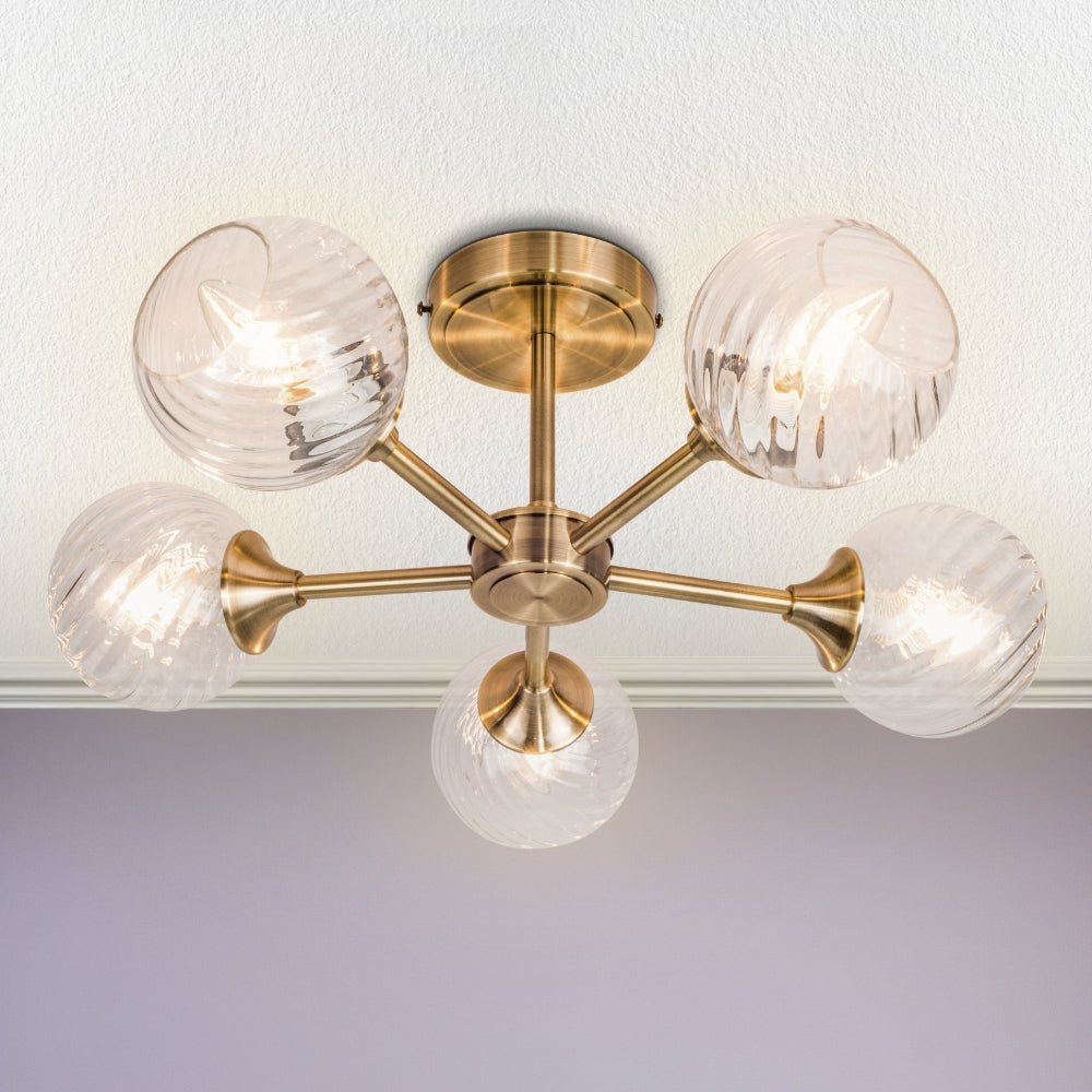 Magnalux Mona 5 Light Semi Flush Antique Brass Part Number - MON05AB product image - Endon Lighting from First Light Direct with great prices and fast UK delivery