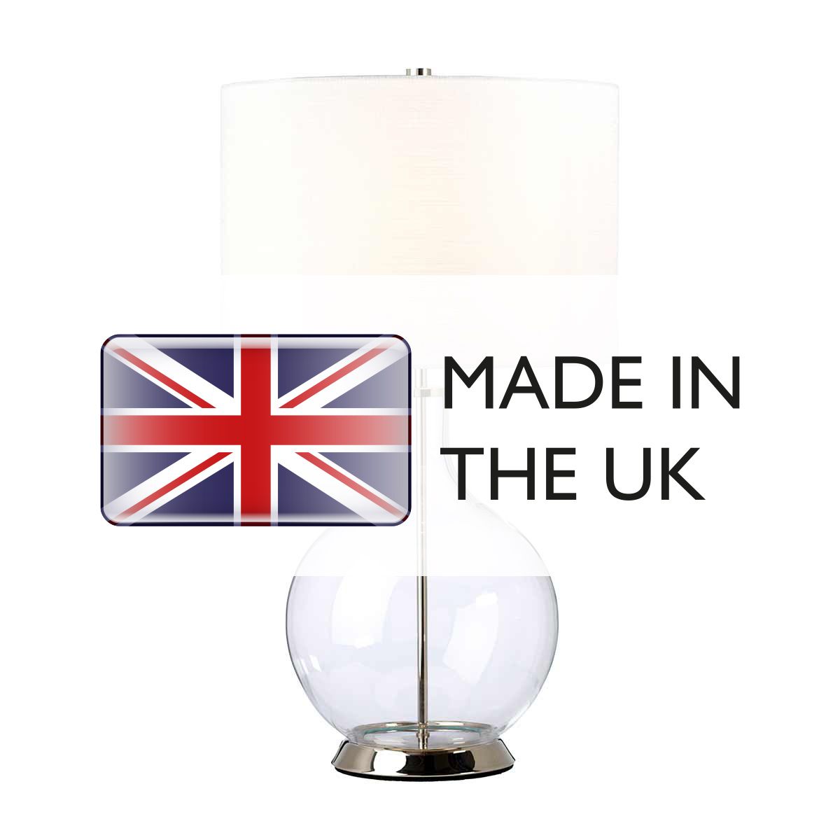 Elstead Lighting Table Lamp from the Orb range. Orb 1 Light Table Lamp (Complete with White Shade) – SKU ORB-CLEAR-PN-WHT