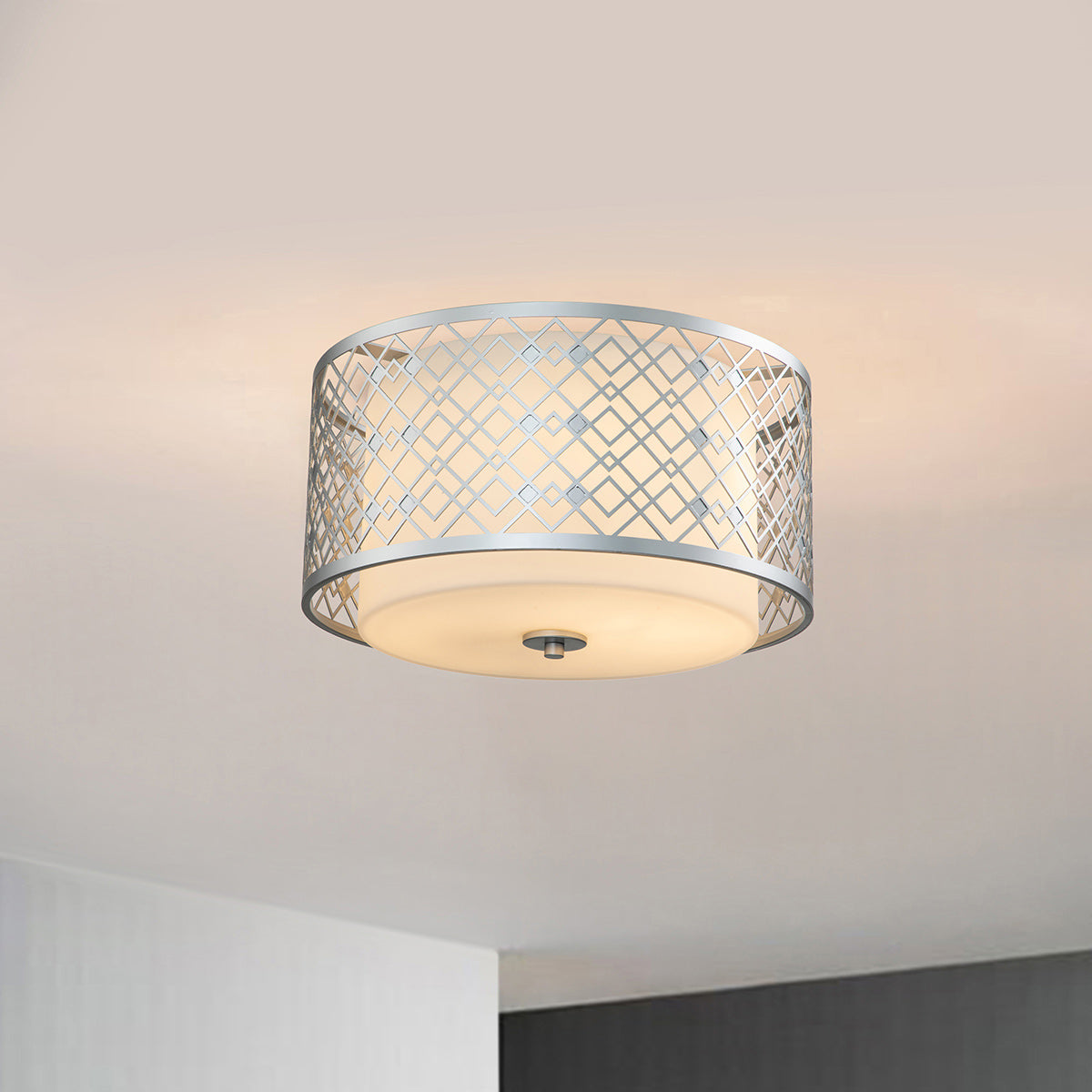 Elstead Lighting Ceiling Flush from the Ziggy range. Ziggy 2lt Medium Flush - Lacquered Silver Product Code = ZIGGY-F-M-LS